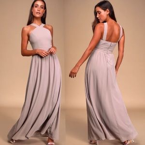NWT Lulu’s Air Of Romance Taupe Maxi Formal Dress